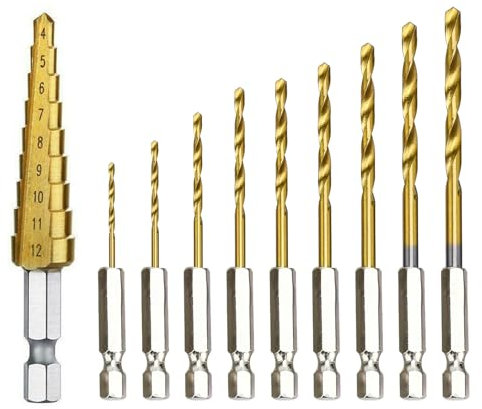 10 Stück Metallbohrer Set, Robust und Einfach zu Bedienen, 1,5-5 mm Titan Bohrerset Und 4-12 mm Stufenbohrer, für Bohren von Dünnen Platten wie Holzbrettern, Eisenplatten usw (Gold)