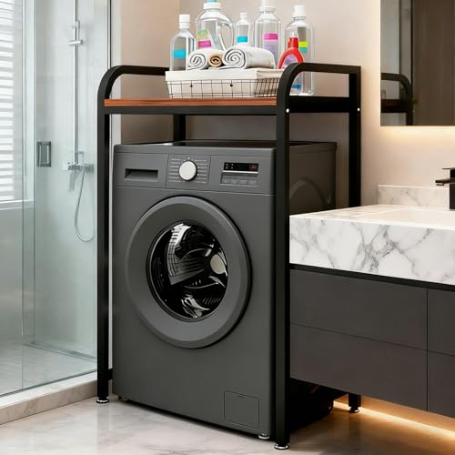 Dernoing Mueble Lavadora Secadora Ajustable en Altura, Metálico Soportes para lavadoras-secadoras Carga 400kg, Estanterías para baño para Lavadora para balcón/lavadero (BlackTeak, H: 90cm/95cm/100cm)