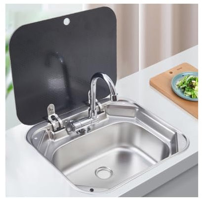 NJDQFA Kit De Fregadero para Autocaravana Caravanas Bares Cafés,Acero Inoxidable Fregadero Camper Cuadrado,Lavabo De Mano con Grifo Plegables Y Tapa 42 * 37 * 21Cm