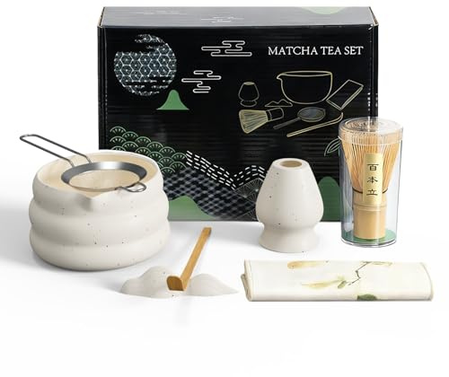 WRMING 7 Stück Matcha Set, Japanisches Macha Tea Set mit Sieb & Besen, Matcha Schale Weiß mit Ausgießer, Inkl.Besenhalter, Löffel & Tuch, Geschenkset für Teeliebhaber