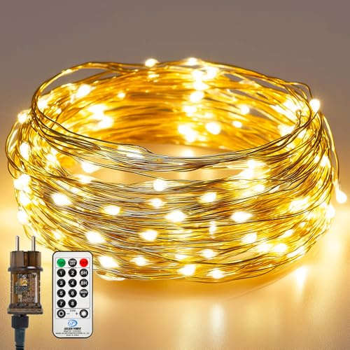Lichterkette Innen mit Stecker Fernbedienung, Lichterketten Außen mit Timer 8 Modi Wasserdicht IP65, Strom aus kupferdraht lichterkette Warmweiß für Weihnachten Nachtlicht Kinder (20M | Stecker)