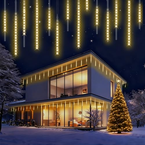Weihnachtsbeleuchtung Außen,576 LED 16 Röhren je 40 CM Eiszapfen Lichterkette Außen,Wasserdichte Fallende Regen Lichter mit Haken für Weihnachtsdekoration Festival,Weihnachtsdeko Aussen Warmes Weiß