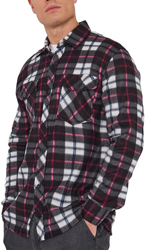 Camicia da uomo in pile a quadri, morbida e calda, con bottoni e tasche sul petto, giacca invernale casual a maniche lunghe, in flanella, spessa fodera in sherpa (M–3XL), bianco/rosa., XL