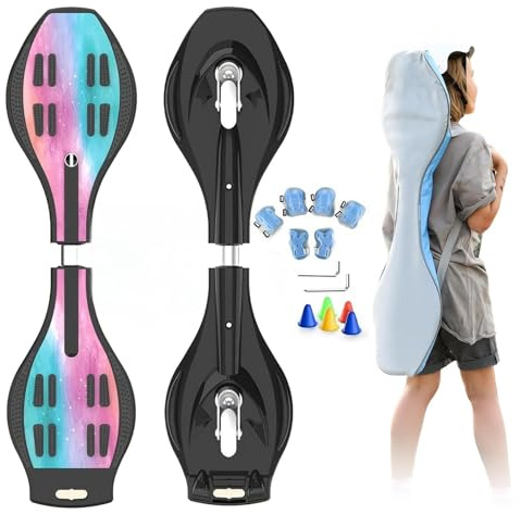 ZQHQKJ Waveboard für Kinder mit LED und 360° Lenkung, bis 100kg - inkl. Protektoren-Set und Tasche - robust & sicher mit Reflexstreifen,Sternglanz in Stil