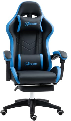 Vinsetto Silla Gaming Ergonómica Cuero PU Reclinable 135° Negro/Azul | Silla Gamer, Soporte Lumbar, Altura Ajustable, Reposacabezas, Reposapiés Retráctil, Oficina, Estudio