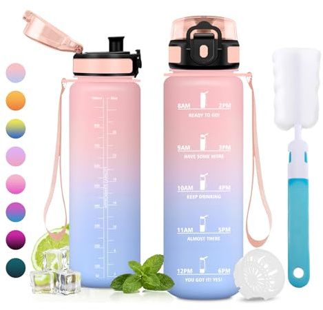 JAPORIA Bouteille Sport 1L, Gourde avec Marqueur de Temps, Gourde Motivation sans BPA avec Filtre, Bouteille d'eau pour Randonnée, Bureau