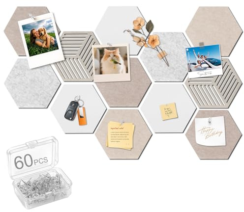 NUTKIT 12 Piezas Tablero de Fieltro Hexagonal Autoadhesivo, 30 * 26cm Tablón de Anuncios DIY, con 60 PCS Alfileres, Panel de Fieltro para Colgar Fotos,Notas y Decoración del Hogar（Serie Camello）