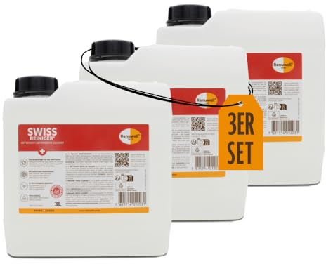Renuwell Swiss Reiniger, 3x 3 Liter Kanister – Kraftvolle schonende Reinigung ohne Alkohol, entfernt Fett, Schmutz & Ablagerungen, für Holz, Kunststoff, Metall & Stein, Schweizer Qualität