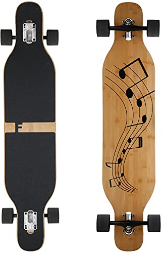 FunTomia Longboard con 3 gradini Flex Skateboard Drop Through Cruiser, tavola completa Mach1 Speed cuscinetti a sfera T-Tool (Flex3 fino a 68 kg, musica – bambù/legno d'acero)