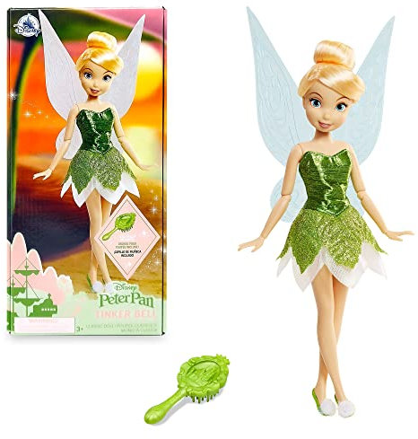 Disney Store Official Tinker Bell Classic Doll for Kids, Peter Pan, 25.5cm/10”, Includes Brush with Moulded Details, Fully Posable Toy in Shimmery Green Dress - Suitable for Ages 3+