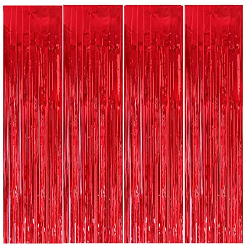 4 Pack Foil Fringe Curtains, 3.3ft x 9ft Tinsel Curtain Backdrop, Red Metallic Tinsel Curtains, Self-Adhesive Foil Streamers Party Decorations For Birthday Favors,Prom,Wedding,Christmas Supplies