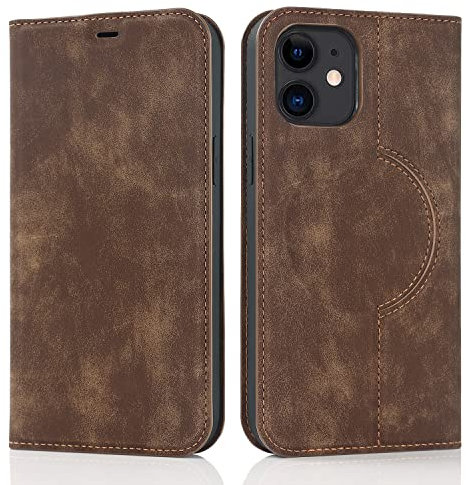 QLTYPRI Hülle für iPhone 12/iPhone 12 Pro Kompatibel mit MagSafe, Ledertasche Handyhülle [RFID Schutz] Flip Case mit Kartenhalter Ständer Magnet Klapphülle für iPhone 12/iPhone 12 Pro - Braun