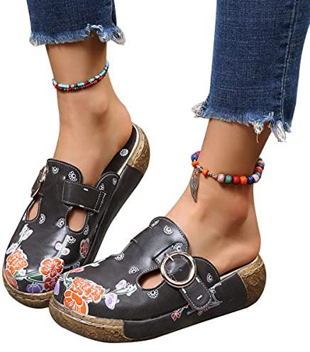 Osheoiso Donne Zoccoli Pantofole con Zeppa Ciabatte a Punta Tonda Casuale Flip Flops con Tacco a Cuneo Stampato Sandali Scarpe Piattaforma Outdoor Pantofole A Café 39 EU