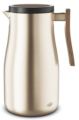 alfi STUDIO ALLURE 1,0l, champagner gold mit Holz-Elementen, Isolierkanne aus doppelwandigem Edelstahl, Thermoskanne hält 12 Stunden warm, 24 Stunden kalt, Drehverschluss, Öffnung groß, BPA-frei