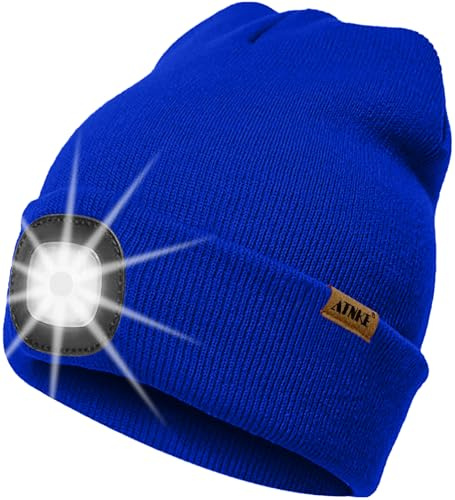 ATNKE LED Beleuchtete Mütze mit Licht,Wiederaufladbare USB 4 LED Beleuchtete Laufmütze Extrem Heller Lampe Winter Warme Stricken Mütze Technik Geschenke für Herren und Damen