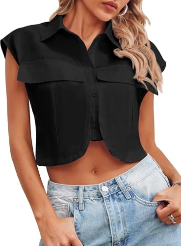 Tankaneo Womens Button Down Shirts Cute Summer Cap Sleeve Crop Tops Blouse Black