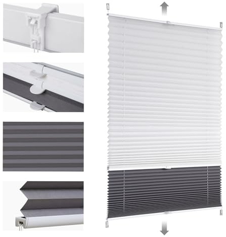 Sekey Plissee Doppelplissee Day+Night Verdunkelung ohne Bohren verspannt Lichtschutz, Klemmfix, 75x200cm Weiß und Grau