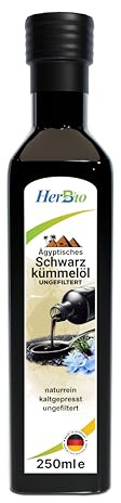HerbBio ägyptisches Schwarzkümmelöl kaltgepresst 250ml | Ungefiltert, Hoher Gehalt an Thymochinon, 100% naturrein, Aus ägyptischen Nigella Sativa, Mühlenfrisch direkt vom HerbBio