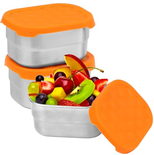 NIXRET 3 Stück Snack-Behälter, 230ml 304 Edelstahl Metall Soße | Lebensmittel Lagerung Box Container Mit Silikon-Deckel, Wiederverwendbare Kleine Tragbare Auslaufsicher Food Lunch Boxen Set