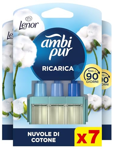 Ambi Pur 3Volution Profumatore Elettrico, 7 Ricariche, Lenor Nuvole Cotone | Tecnologia elimina odori, fino a 90 giorni di profumo per ricarica