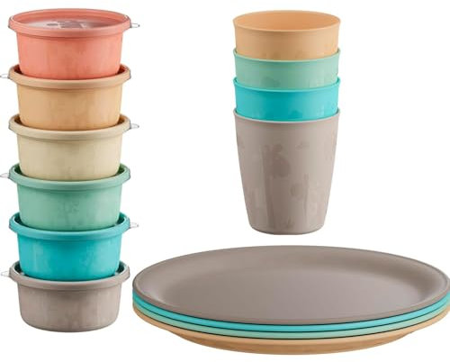 NIP 14 tlg. Geschirr-Set für Kleinkinder und Babys, aus Kunststoff BPA-frei, Made in Germany: 4 x Teller, 4 x Trinkbecher, 6 x SnackBox, spülmaschinen- und mikrowellengeeignet