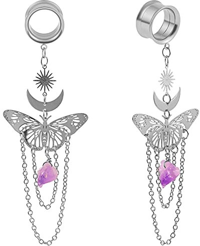 DOEARKO Ohr Tunnel mit Anhänger Schmetterling Ohr Flesh Tunnel Double Flared Ohr Piercing Schmuck Edelstahl Ohr Expander Ohrplugs für Frauen und Männer（Silber，10mm）