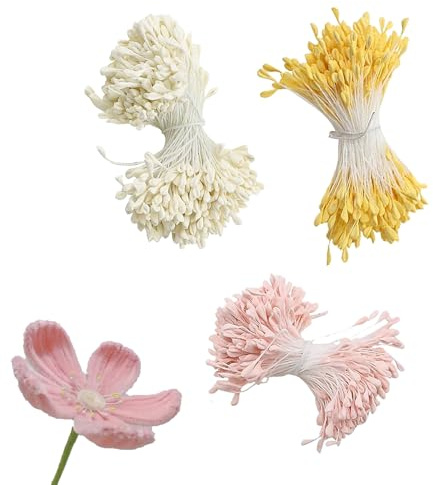 1050 Stück Pfeifenreiniger Blumen Staubblatt,Mit Zwei Perlen Köpfen Staubblatt 3mm,Tulpe Flower Stamens Accessories,Staubgefäße Set in Gelb Weiß Rosa Ideal für Blumen Basteln DIY Projekte Dekoration