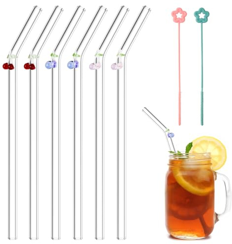 6 Cannucce con 2 Pieghevoli Spazzole per la Pulizia, Cannucce di Vetro Riutilizzabili in Vetro Trasparente con Decorazione, per Frullati, Latte, Caffè, Cocktail, Acqua, Succo