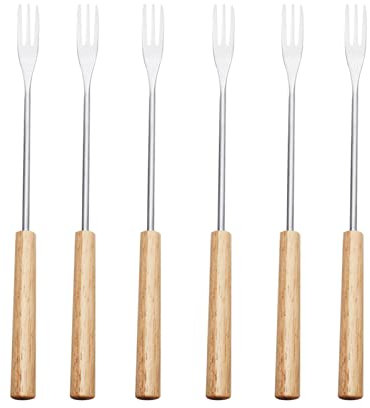 Lot de 6 fourchettes à fondue en acier inoxydable avec poignée en bois, barbecue, fromage, fondue pour chocolat, salade, fruits, crème
