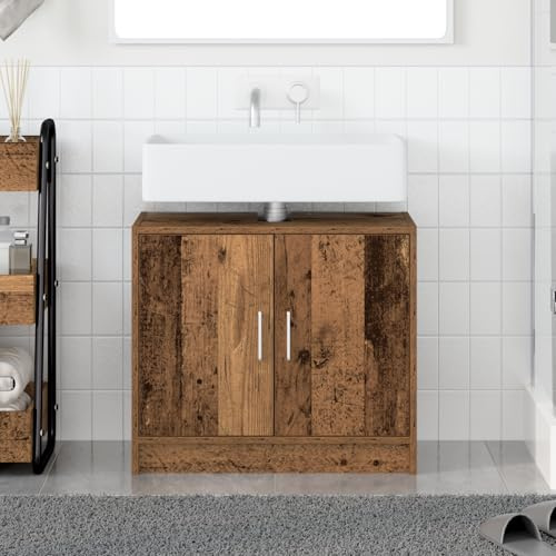 QJBSAVVA Mobile per Lavabo in Legno Massello Invecchiato Marrone 63x29x55 cm Mobile Bagno Salvaspazio con Due Porte per Interni Rustico