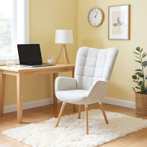 FURNISH 1 Poltrona beige con seduta spessa trapuntata per ufficio a casa, poltrona scandinava con braccioli comodi e schienale dal design ergonomico per studio, lavoro, seduta alta 45 cm