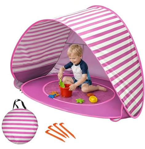 Strandmuschel Baby Pop Up Strandzelt, mit trennbarer Pool, Pop Up Strandzelt für 3-4 Personen, Tragbarer Automatisches Windschutz Wurfzelt, UV-Schutz Sun Shelter für Familie, Strand Camping (Rosa)