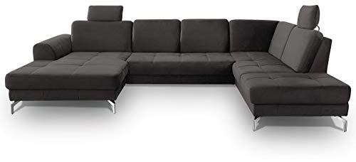 CAVADORE Wohnlandschaft Benda / Große Sofagarnitur mit XL-Longchair links & Federkern / Inkl. Sitztiefenverstellung & Kopfstützen / 332 x 87 x 226 / Samt: Grau