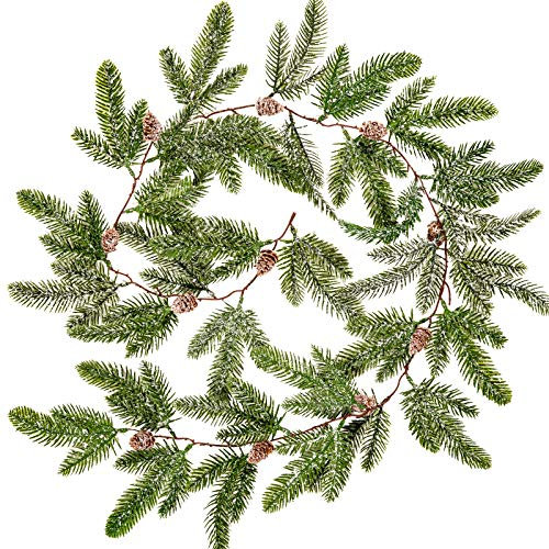 Whaline 4.9ft Christmas Garland Artificial Pine Garland with Pine Cones Frosted Pinecone Vine Snow Flocked Faux Hanging Garland for Indoor Outdoor Home Wedding Winter Party Dinner Door Frame Decor