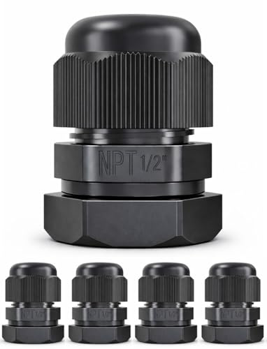 MGI SpeedWare 1/2 NPT Strain Relief Nylon Cord Grip Cable Glands, Black Plastic Grommet 5-Pack