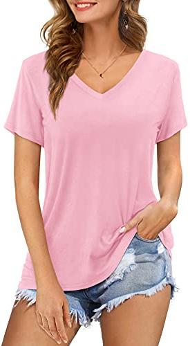 Florboom Camiseta Señoras Verano Tops Cuello en V Camiseta Manga Corta Liso Rosa L