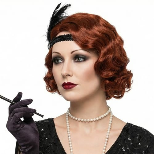 REEWES Kurze 1920er Perücke Fingerwellenperücke Lockige Vintage Perücken für Frauen Damen Synthetische Vollperücken Cosplay Kostüm Fancy Dress Flapper Perücke (Rot)