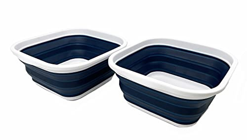SAMMART 5,5 l Set mit 2 faltbaren Wannen, Faltbare Geschirrwanne, tragbares Waschbecken, platzsparende Kunststoff-Waschwanne (Weiß/Indigo)