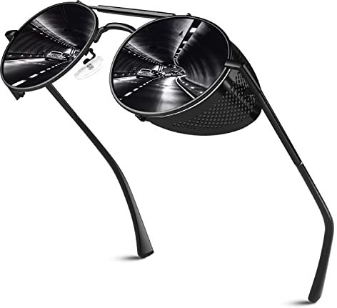 Sunier Sonnenbrille Herren Polarisiert Retro Rund Steampunk Metall Seitenschutzbrille Gothic Damen Brille 100% UV-Schutz Cat 3 CE