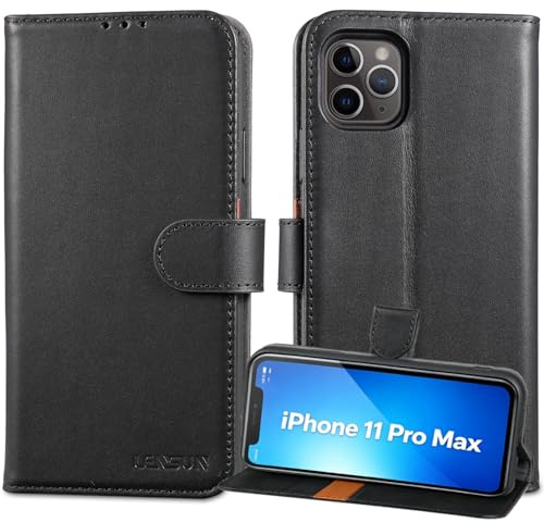 LENSUN Echtleder Handyhülle für iPhone 11 Pro Max, Schwarz | Flip Cover, Echtes Leder, Wallet Kartenfach, RFID Schutz, Standfunktion Handytasche, Lederhülle