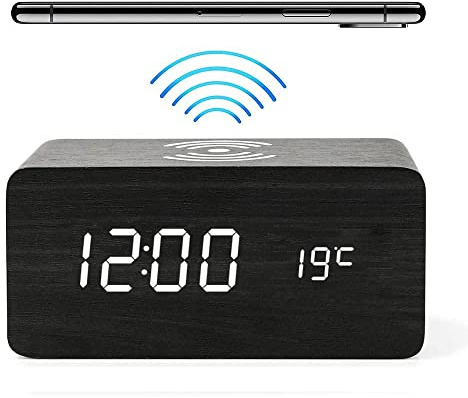 BeisDirect Wireless Charging Alarm Clock, Wooden Digital LED Backlit Alarm Clock with Temperature Date Display Sound Control, Qi Wireless Charger for Home Office (White Light, Black)