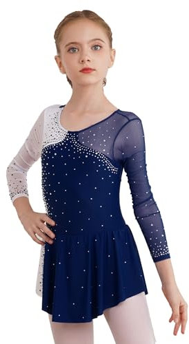 FEESHOW Mädchen Eislaufkleid Glänzender Ballett Tanzkleid Trikot Mit Tutu Rock Für Eiskunstlaufen Wettbewerb Performance Skating Dress Marineblau_N 146-152/11-12 Jahre