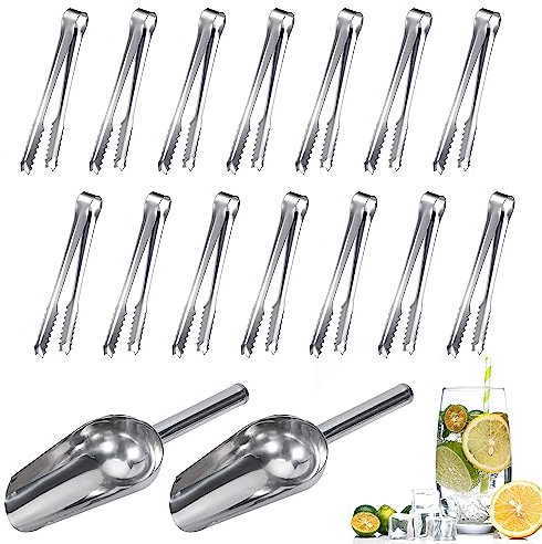 Edelstahl Eiszange Set 14 Stück Mini Servierzange und 2 Stück Schaufel Küche Eiswürfelzange Salatzange Candy Clip für Bar Hochzeit Party Grill Büfett