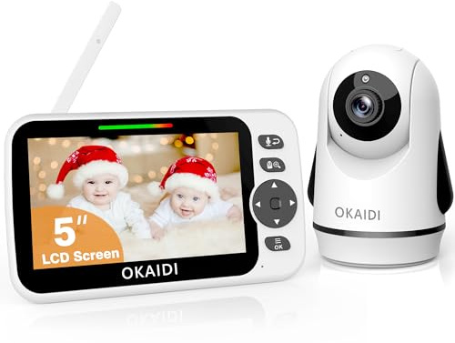 OKAIDI Baby kamera och ljudvideomonitor, 5-tums WiFi-skärm, 30 H-batteri och 8-språkig babymonitor, fjärrpanoramazoom, 305 m babykamera, mörkerseende, OD8052