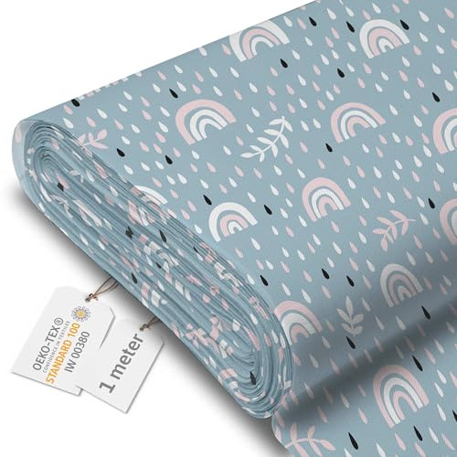 DreamRoots Markisenstoff Meterware, Rainbow and Raindrops, 1 m | Oxford Segeltuch wasserdicht, Polsterstoff, 220 g/m² 600D, 160 cm breit, Kinderstoff, für Deko & Nähen