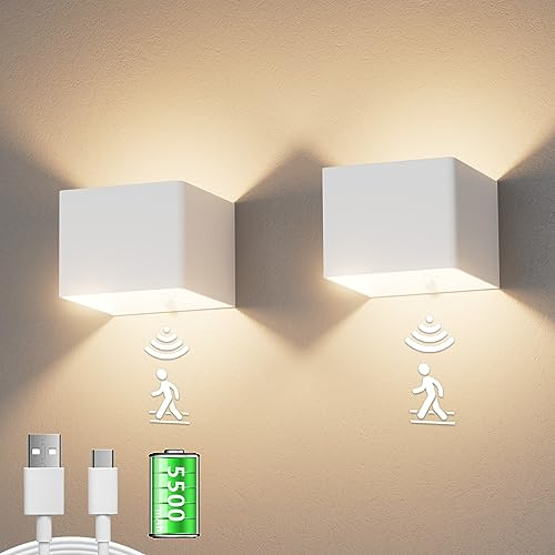 Aipsun 2 Stück 5500mAh akku wandleuchte mit Bewegungsmelder, LED wandleuchte Innen, 3000k, 5W, kabellose LED akku wandleuchten mit Schalter, für Schlafzimmer Wohnzimmer Treppe(weiß)