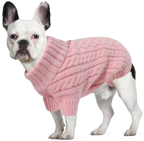 LiebeDD Hundepulli - Kuschelig Hundepullover Mittelgroße Hunde mit Geschirrloch und Beinschlaufe, Rollkragen Strick Pullover Hund Pullis für Französische Bulldogge Dackel, Dog Sweater (Rosa L)