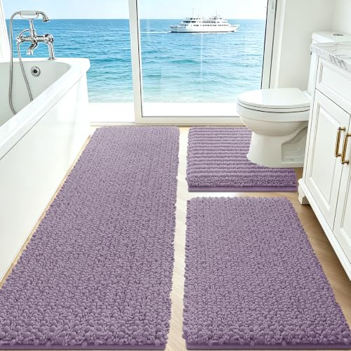 ACCUMTEK Upgrade Extra Large Lavender Bathroom Rug Set 3 Pieces Ultra Soft, Thick Absorbent Bath Mats, Non Slip Chenille Toilet Mat for Bathroom, Bedroom, Kitchen