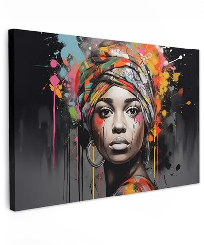 MuchoWow© Cuadros Salon Modernos 120x80 cm Adornos Pared Decorativos Dormitorio Lienzo Pinturas Quadro Decoración Mujer - Pañuelo - Graffiti - Negro