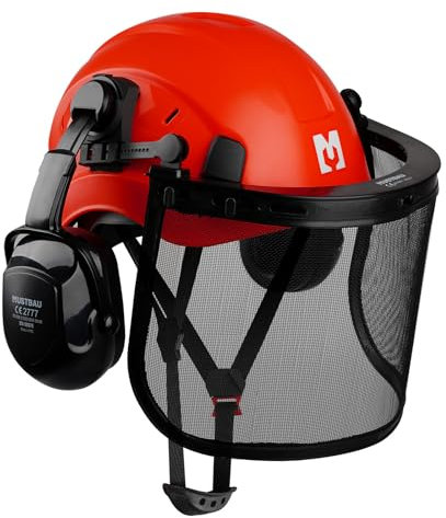 Mustbau Casco di Sicurezza per Motosega, Casco Protettivo con Paraorecchie e Visiera In Rete, Fascia Regolabile 53 a 63 cm Adatto per Silvicoltura, Cantiere, Lavoro - Rosso